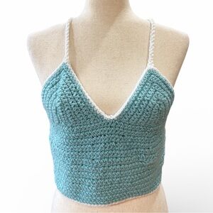 Handmade Crochet Teal and White Crop Corset Top Size Small